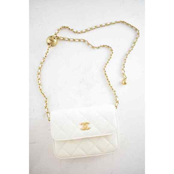 Chanel 22C White Pearl Crush Clutch Mini Chain Classic Gold Card Belt Waist Bag - Picture 5 of 12